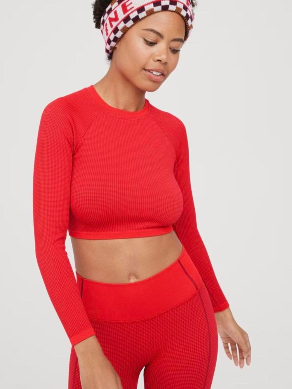 Offline by Aerie Red Waffle Knit Long Sleeve Crop Top Size Small Sporty Athletic